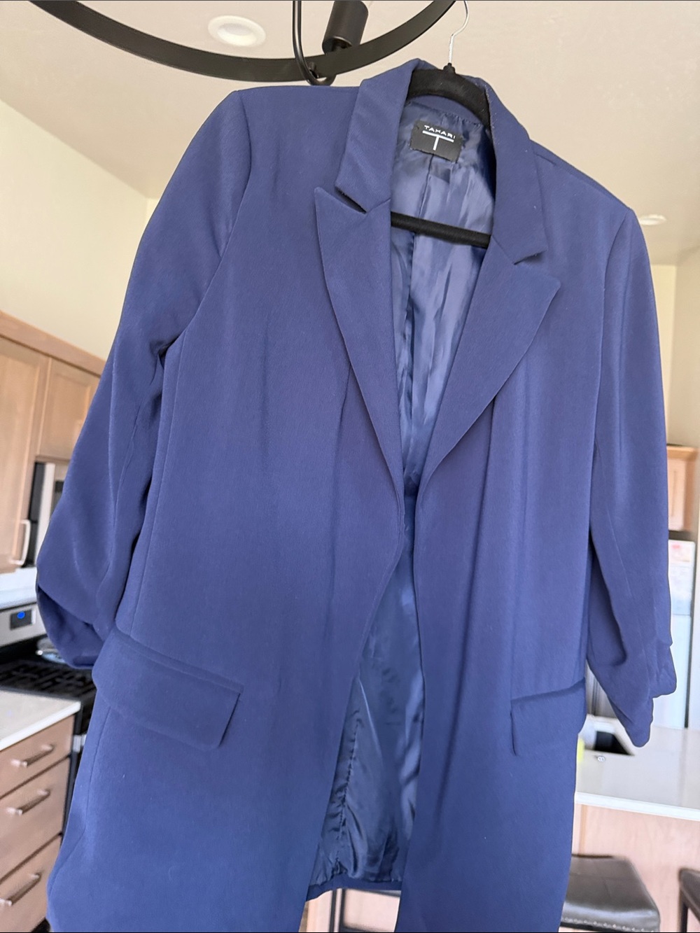 Tahari Dark Navy Open-Front Long Blazer